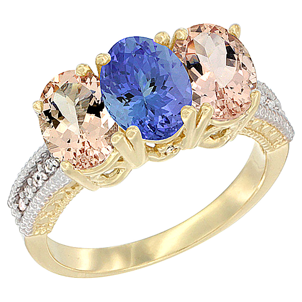 10K Yellow Gold Natural Tanzanite & Morganite Ring 3-Stone Oval 7x5 mm, sizes 5 - 10