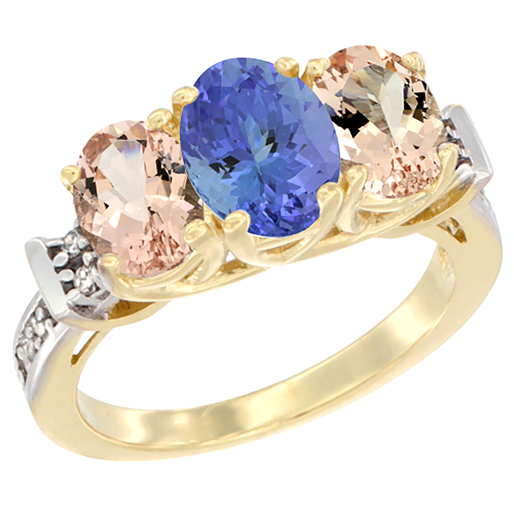 14K Yellow Gold Natural Tanzanite & Morganite Sides Ring 3-Stone Oval Diamond Accent, sizes 5 - 10