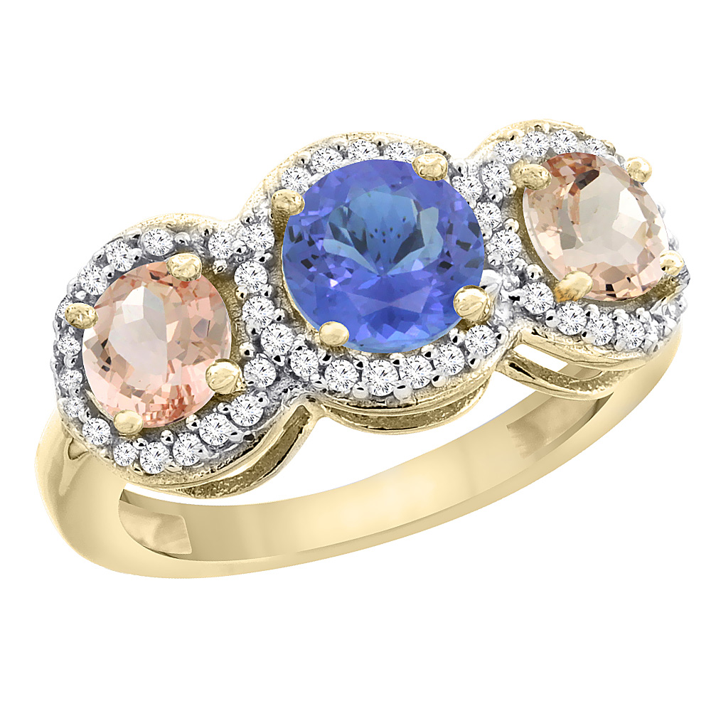 10K Yellow Gold Natural Tanzanite & Morganite Sides Round 3-stone Ring Diamond Accents, sizes 5 - 10