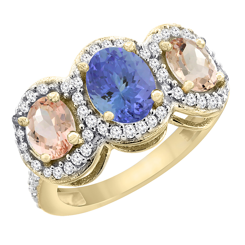 10K Yellow Gold Natural Tanzanite & Morganite 3-Stone Ring Oval Diamond Accent, sizes 5 - 10