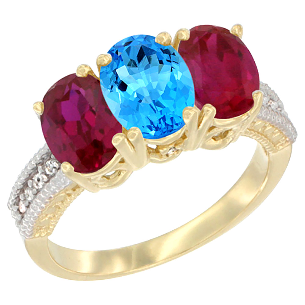 14K Yellow Gold Natural Swiss Blue Topaz & Enhanced Ruby Sides Ring 3-Stone Oval 7x5 mm Diamond Accent, sizes 5 - 10