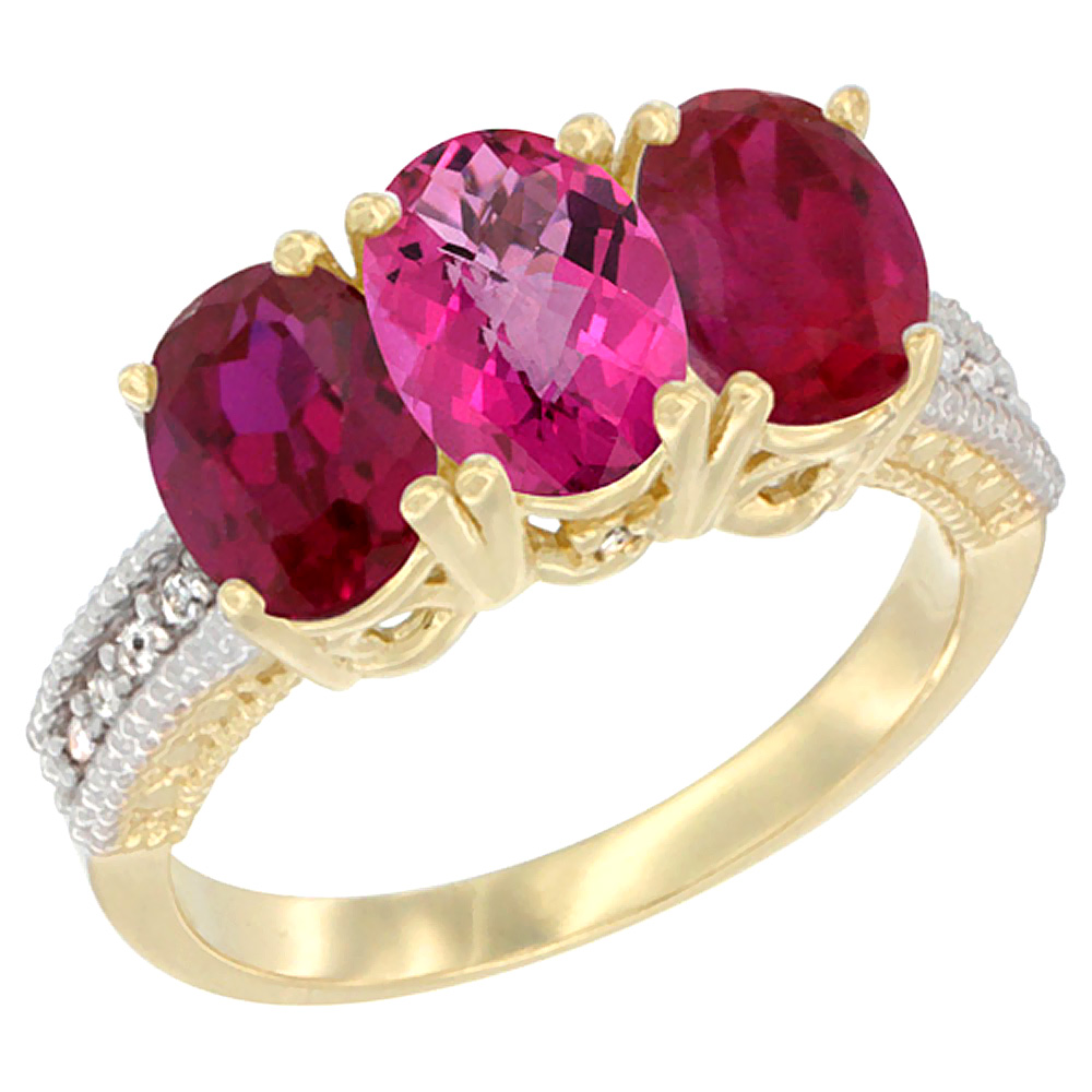 14K Yellow Gold Natural Pink Topaz & Enhanced Ruby Sides Ring 3-Stone Oval 7x5 mm Diamond Accent, sizes 5 - 10