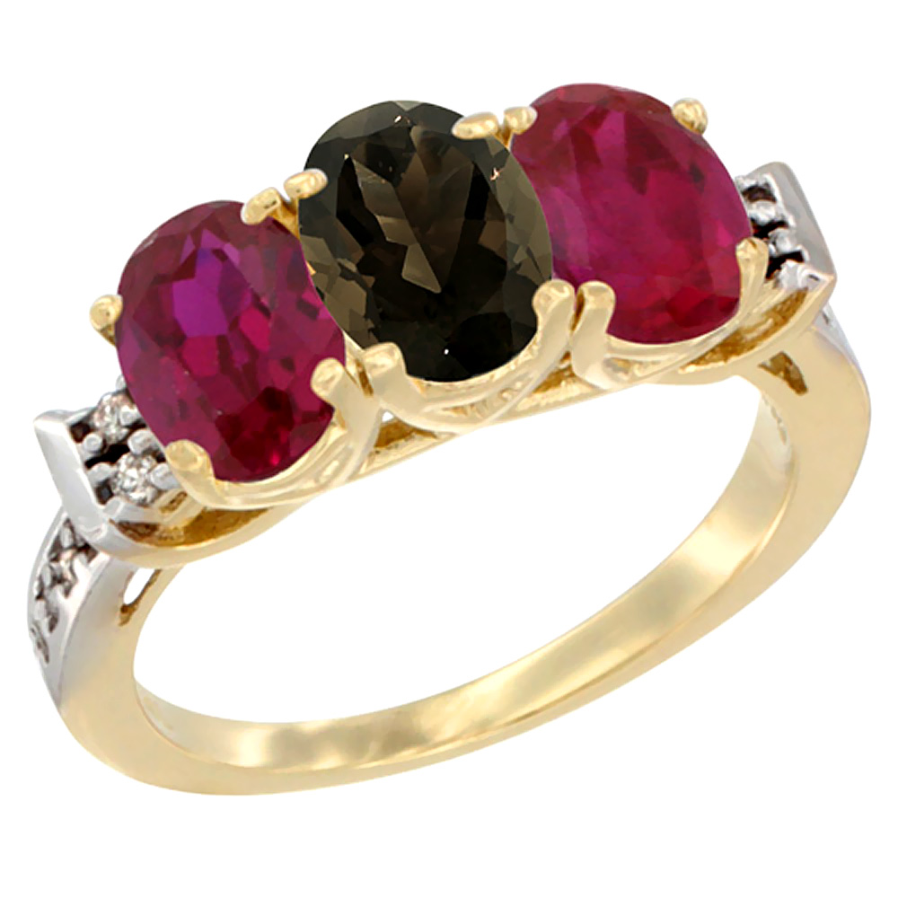 14K Yellow Gold Natural Smoky Topaz & Enhanced Ruby Sides Ring 3-Stone Oval 7x5 mm Diamond Accent, sizes 5 - 10