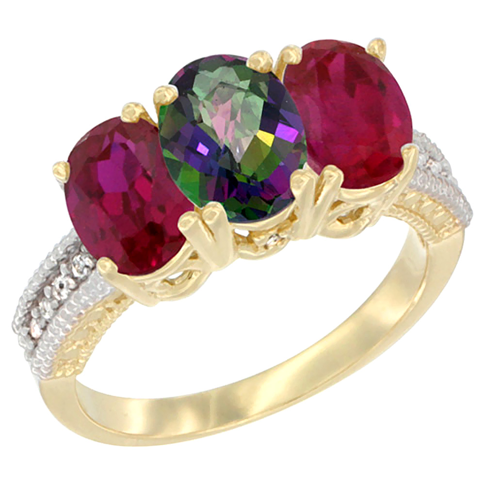 14K Yellow Gold Natural Mystic Topaz &amp; Enhanced Ruby Sides Ring 3-Stone Oval 7x5 mm Diamond Accent, sizes 5 - 10