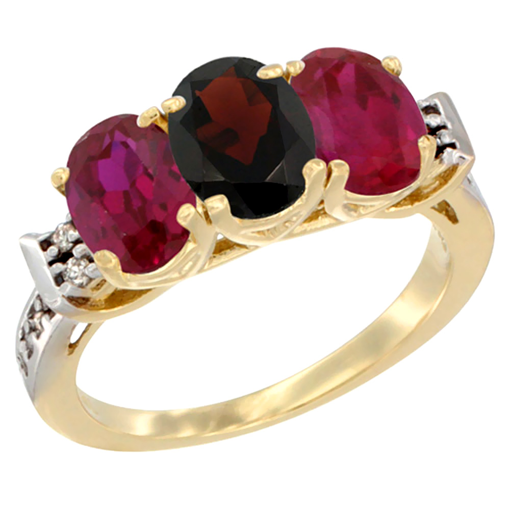 14K Yellow Gold Natural Garnet & Enhanced Ruby Sides Ring 3-Stone Oval 7x5 mm Diamond Accent, sizes 5 - 10