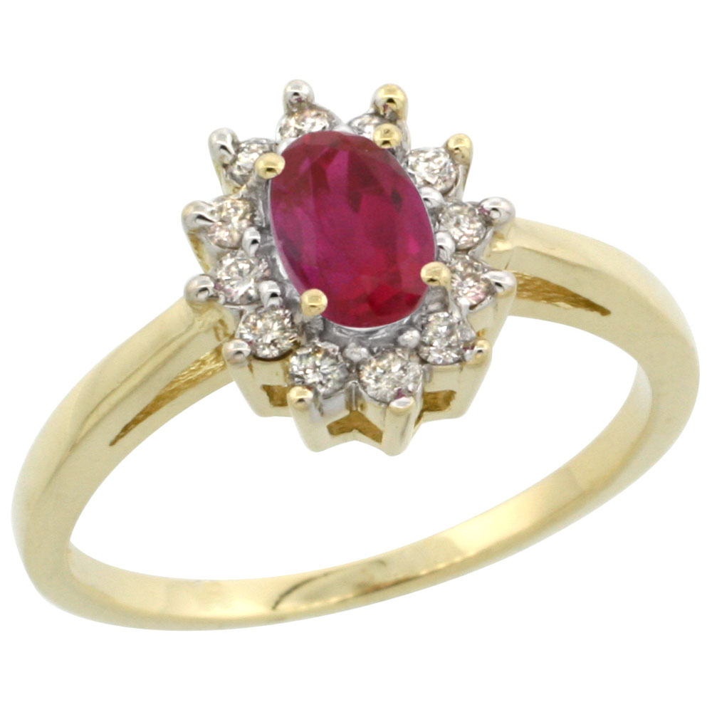14K Yellow Gold Enhanced Genuine Ruby Flower Diamond Halo Ring Oval 6x4 mm, sizes 5 10