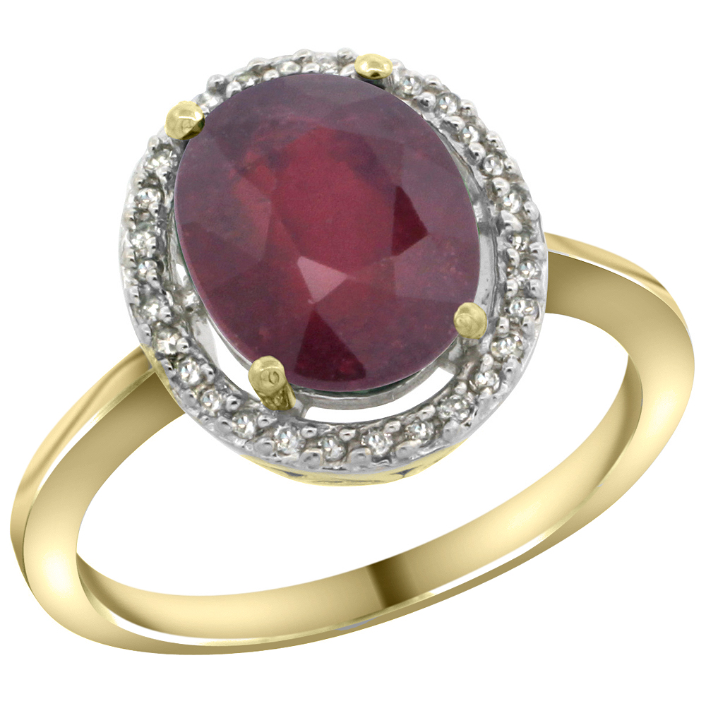 10K Yellow Gold Diamond Halo Enhanced Genuine Ruby Engagement Ring Oval 10x8 mm, sizes 5-10