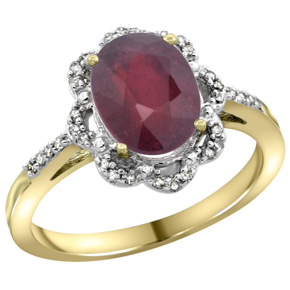 14K Yellow Gold Diamond Halo Natural High Quality Ruby Engagement Ring Oval 9x7mm, sizes 5-10