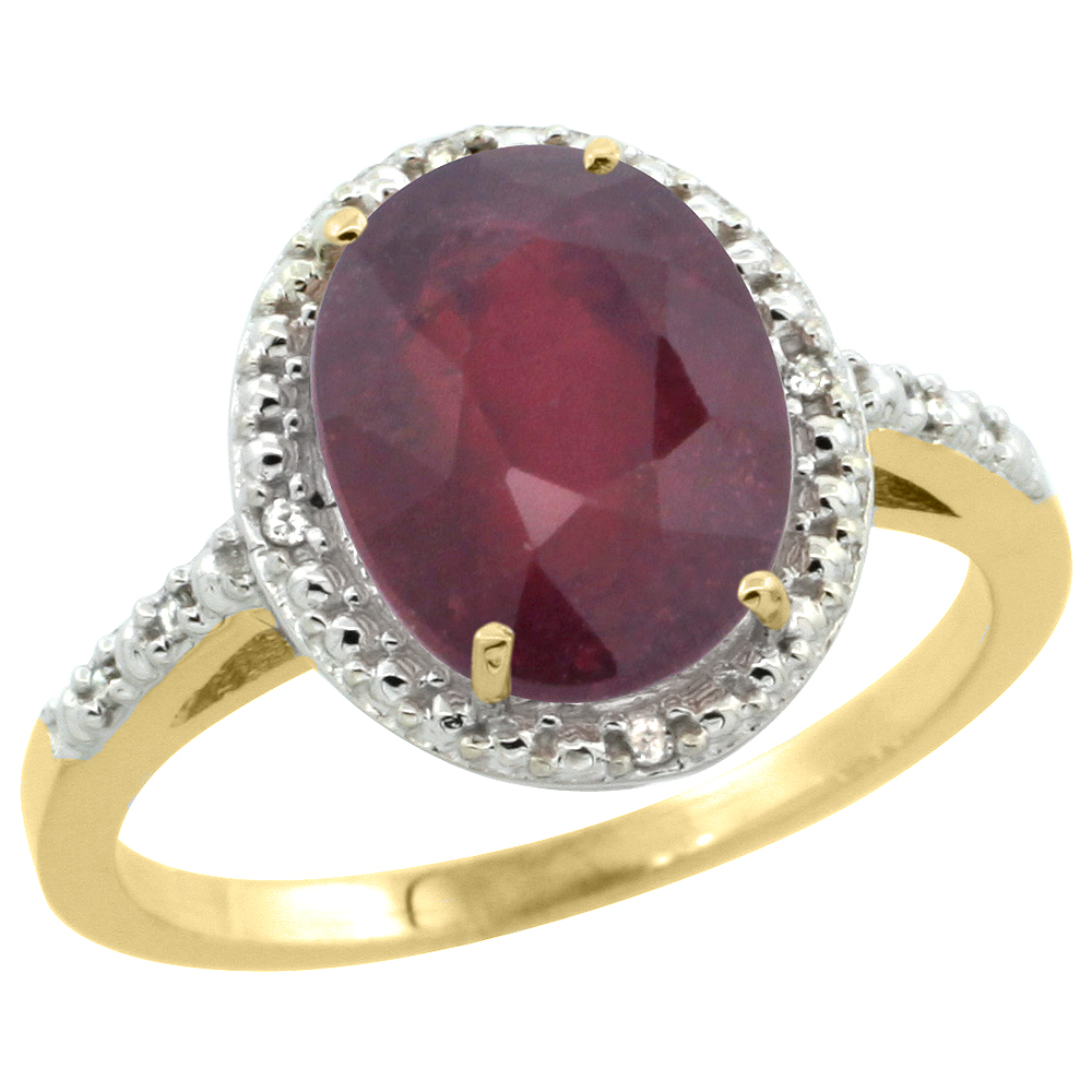 10K Yellow Gold Diamond Enhanced Genuine Ruby Engagement Ring Oval 10x8mm, sizes 5-10