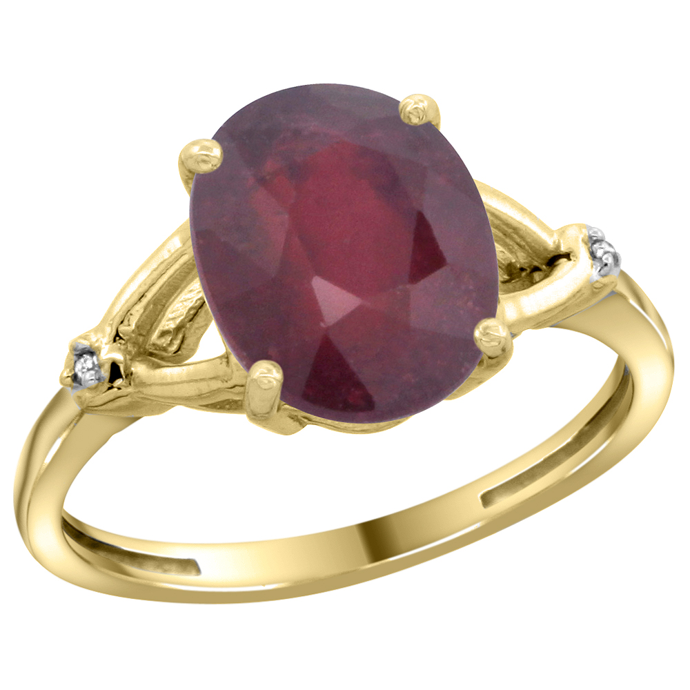 10K Yellow Gold Diamond Enhanced Genuine Ruby Engagement Ring Oval 10x8mm, sizes 5-10