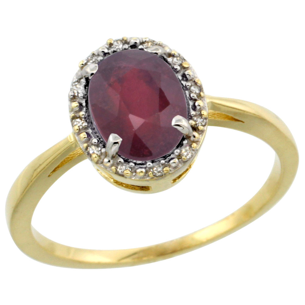 10k Yellow Gold Enhanced Ruby Ring Oval 8x6 mm Diamond Halo, sizes 5-10