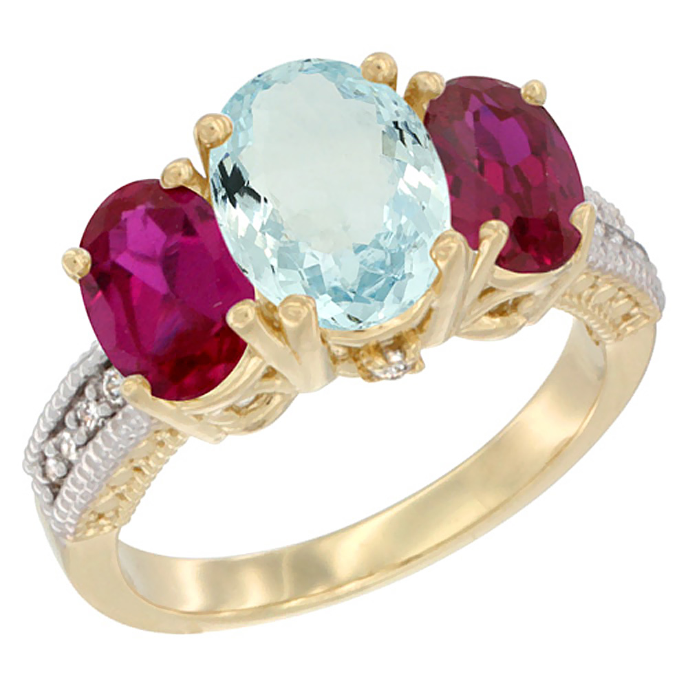 14K Yellow Gold Diamond Natural Aquamarine Ring 3-Stone Oval 8x6mm with Ruby, sizes5-10
