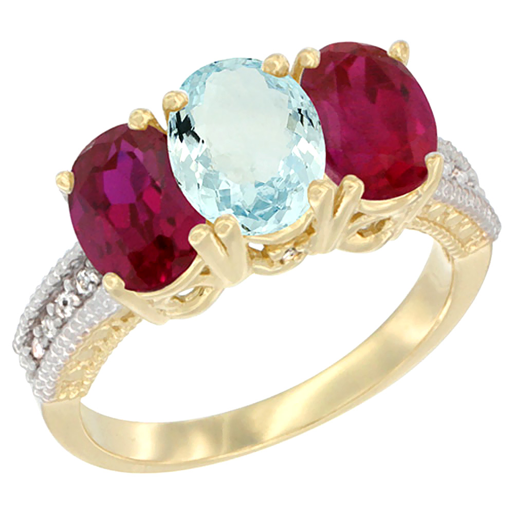 10K Yellow Gold Natural Aquamarine & Enhanced Ruby Ring 3-Stone Oval 7x5 mm, sizes 5 - 10