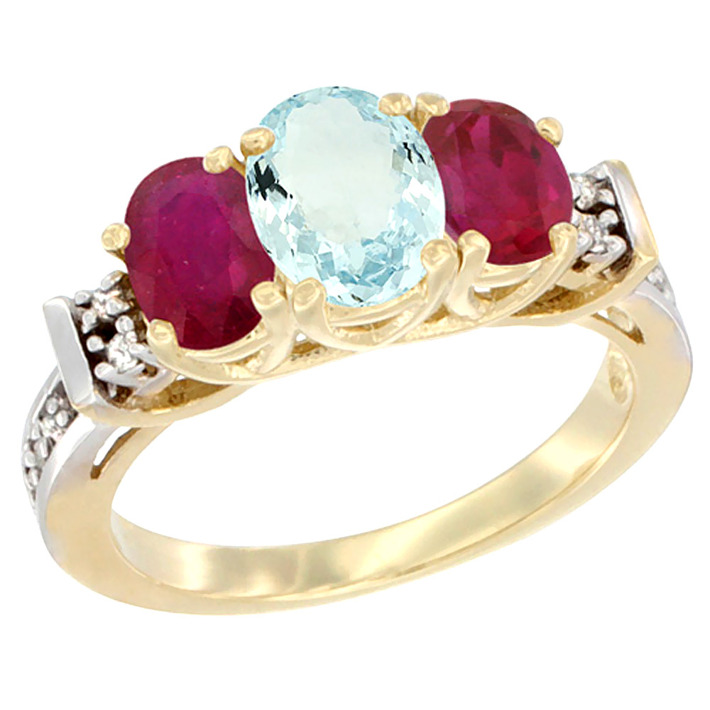 10K Yellow Gold Natural Aquamarine &amp; Enhanced Ruby Ring 3-Stone Oval Diamond Accent