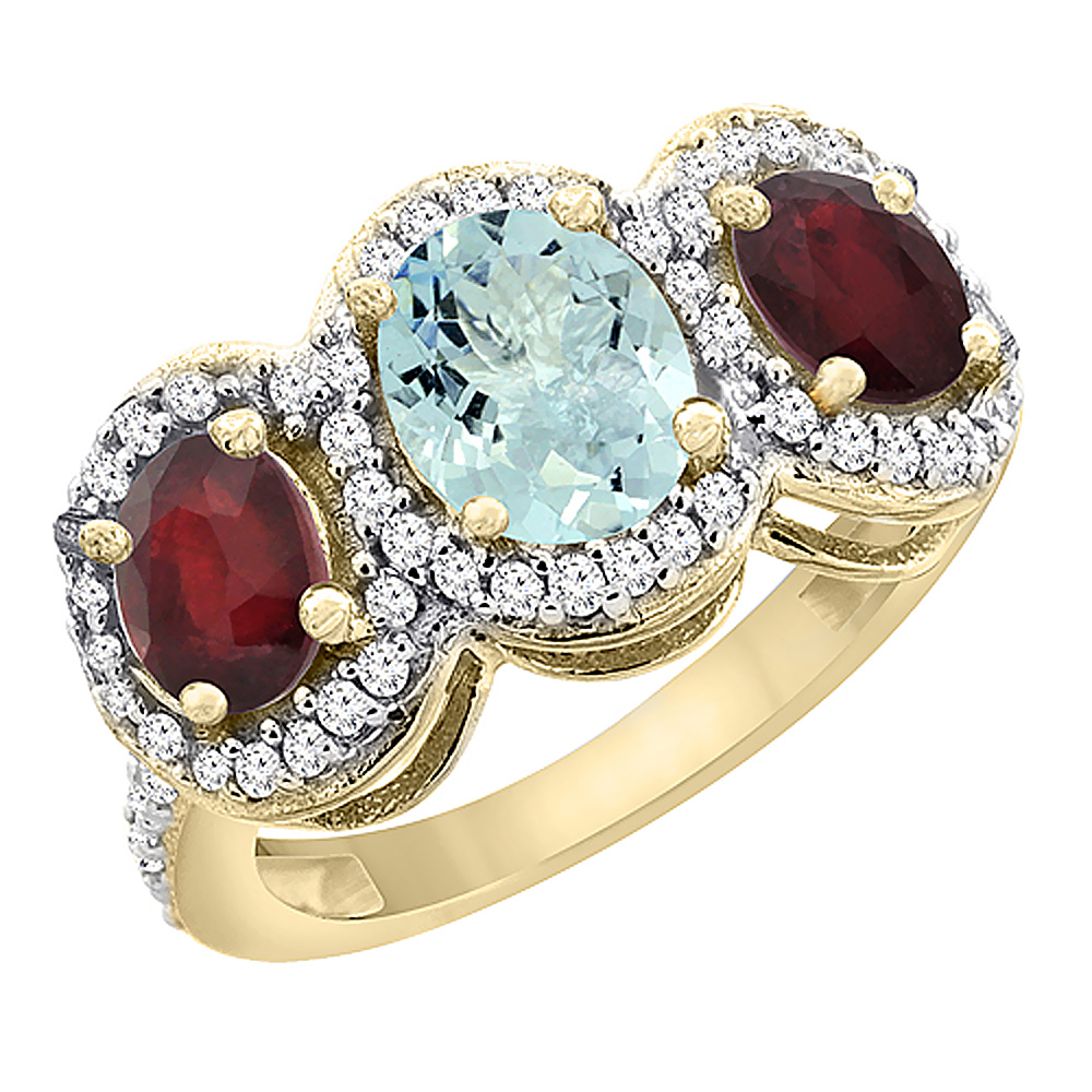 14K Yellow Gold Natural Aquamarine &amp; Enhanced Ruby 3-Stone Ring Oval Diamond Accent, sizes 5 - 10