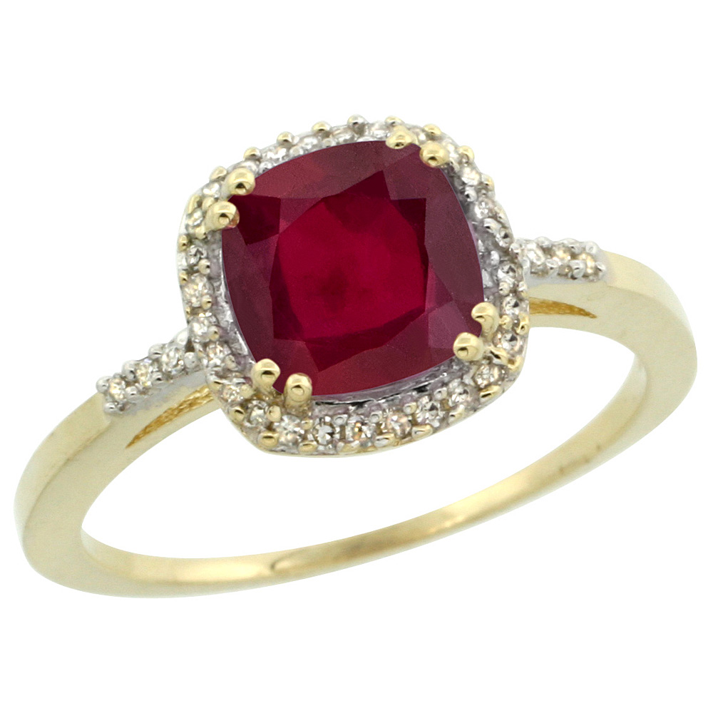10K Yellow Gold Diamond Enhanced Genuine Ruby Ring Cushion-cut 7x7mm, sizes 5-10