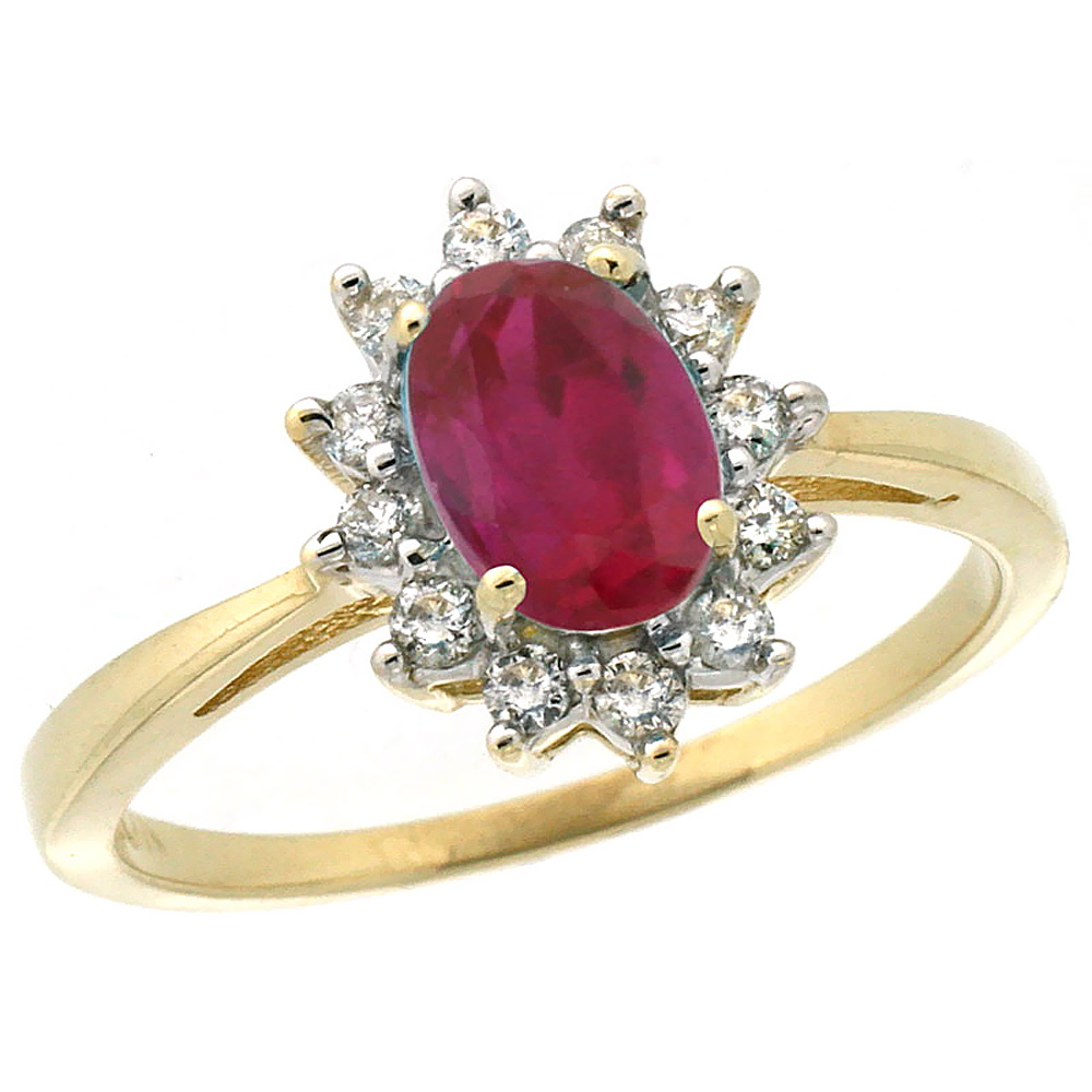 14K Yellow Gold Diamond Halo Natural Quality Ruby Engagement Ring Oval 7x5mm, size 5-10