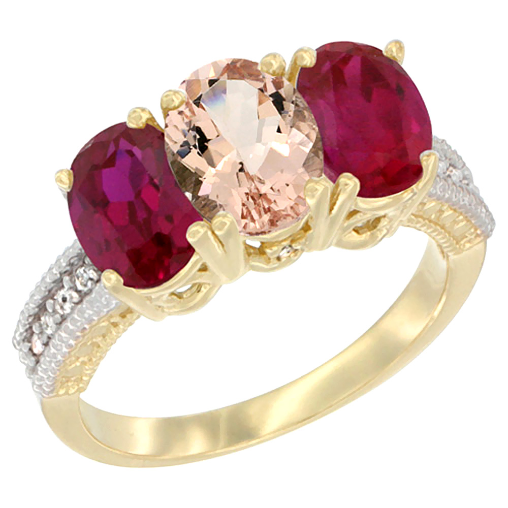 14K Yellow Gold Natural Morganite & Enhanced Ruby Sides Ring 3-Stone Oval 7x5 mm Diamond Accent, sizes 5 - 10