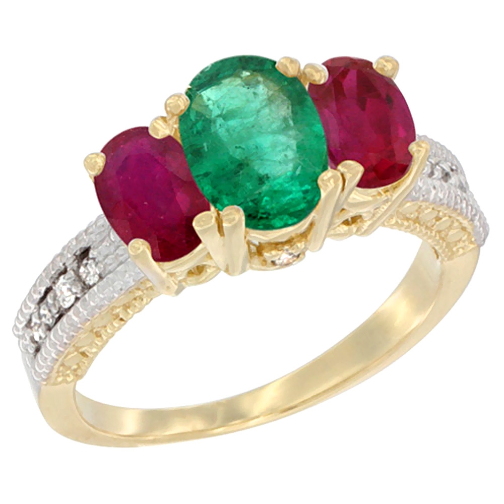 14K Yellow Gold Diamond Natural Quality Emerald 7x5mm&6x4mm Enhanced Genuine Ruby Oval 3-stoneRing,sz5-10