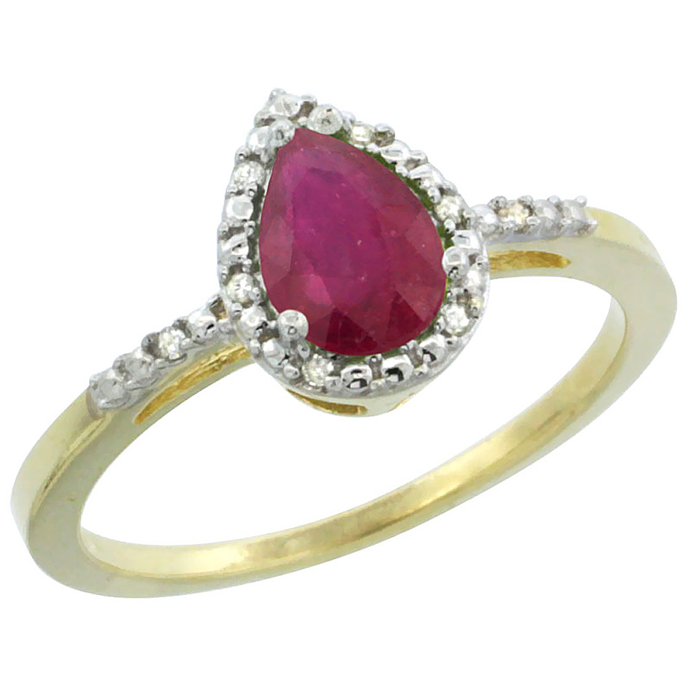 10K Yellow Gold Diamond Enhanced Ruby Ring Pear 7x5mm, sizes 5-10