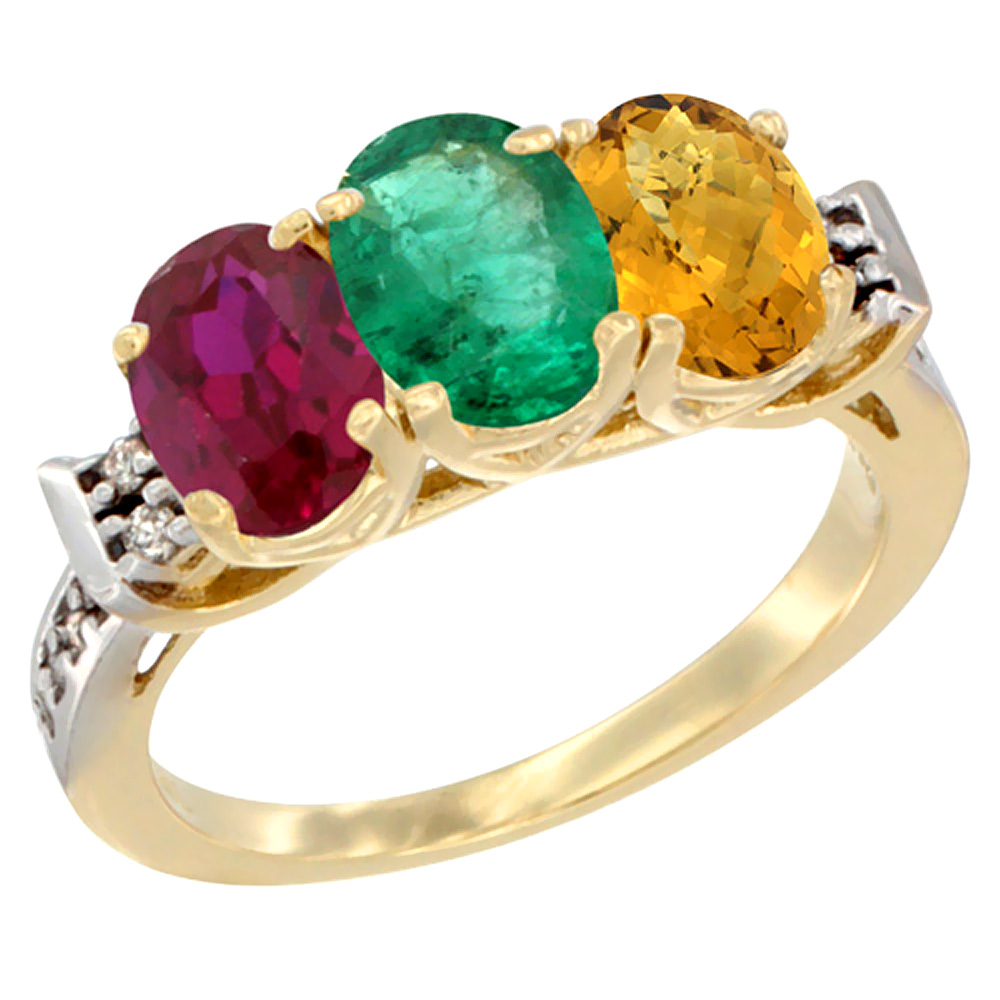 10K Yellow Gold Enhanced Ruby, Natural Emerald & Whisky Quartz Ring 3-Stone Oval 7x5 mm Diamond Accent, sizes 5 - 10