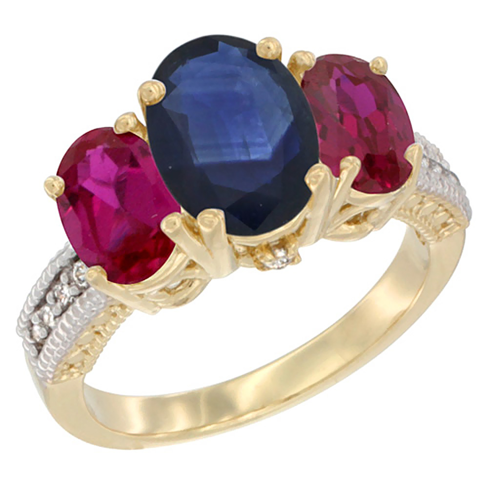 14K Yellow Gold Diamond Natural Blue Sapphire Ring 3-Stone Oval 8x6mm with Ruby, sizes5-10