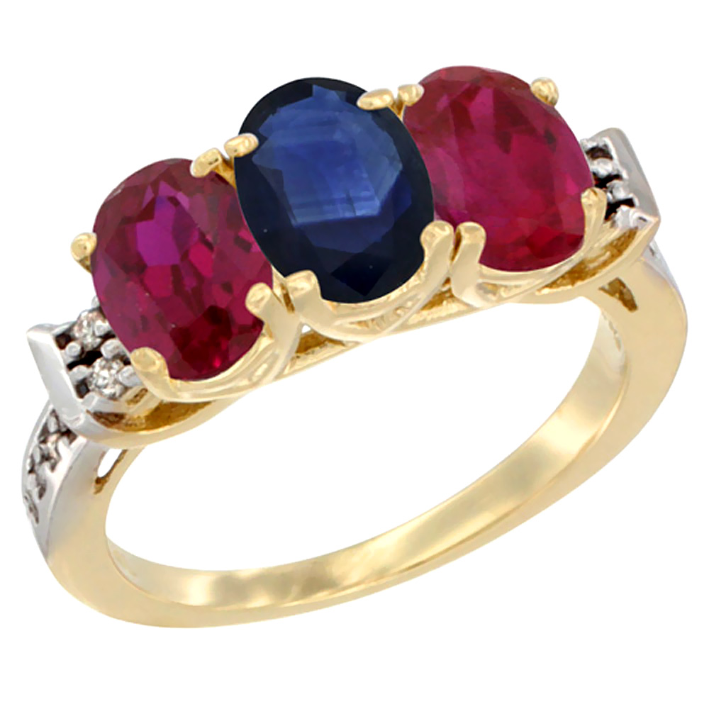 14K Yellow Gold Natural Blue Sapphire & Enhanced Ruby Sides Ring 3-Stone Oval 7x5 mm Diamond Accent, sizes 5 - 10