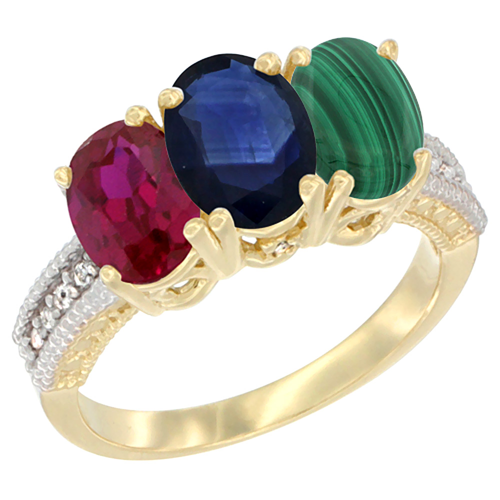 10K Yellow Gold Enhanced Ruby, Natural Blue Sapphire & Malachite Ring 3-Stone Oval 7x5 mm, sizes 5 - 10