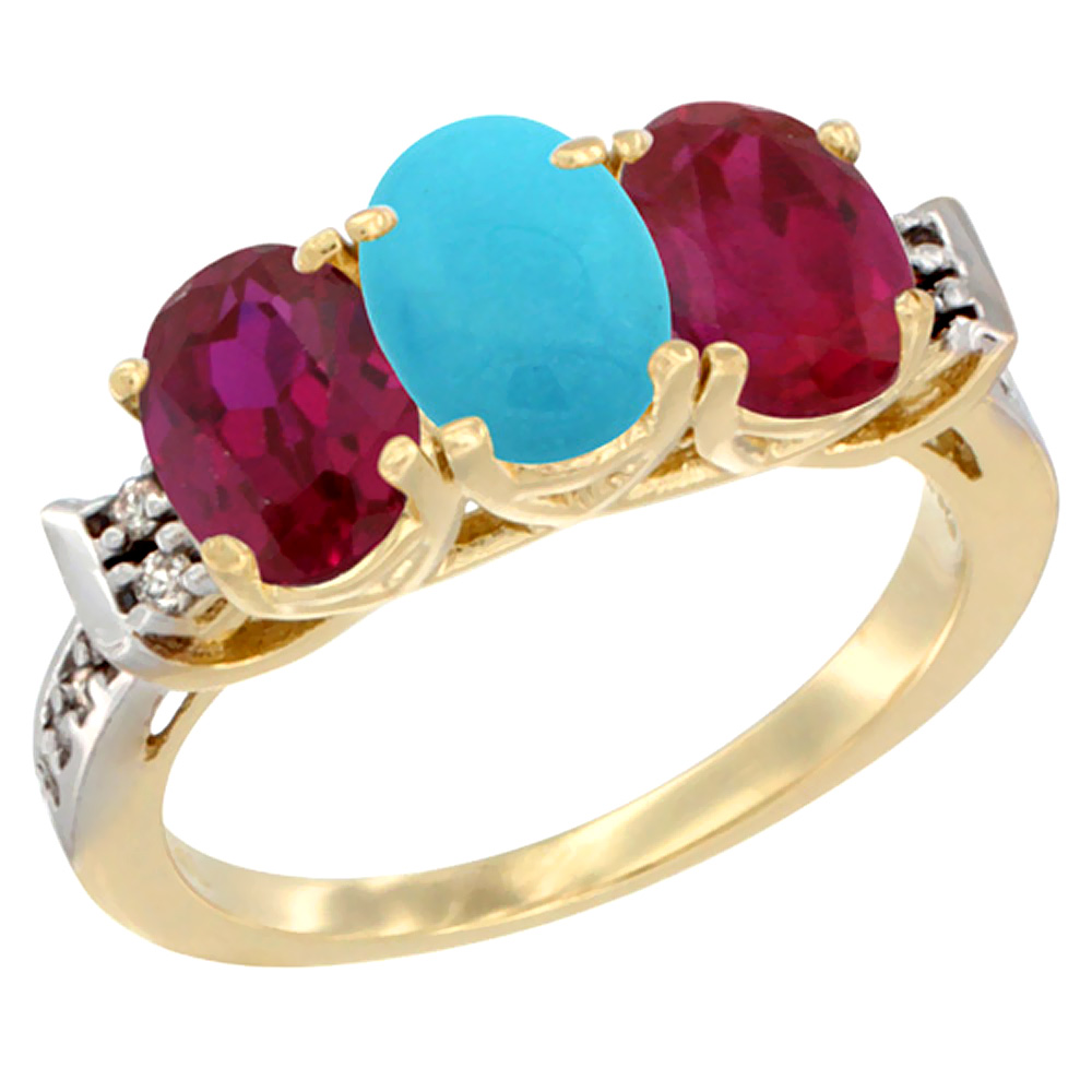 14K Yellow Gold Natural Turquoise & Enhanced Ruby Sides Ring 3-Stone Oval 7x5 mm Diamond Accent, sizes 5 - 10