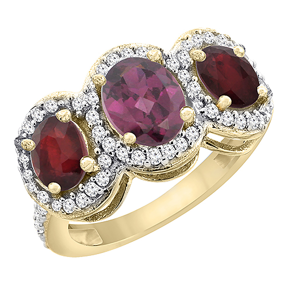 10K Yellow Gold Natural Rhodolite & Enhanced Ruby 3-Stone Ring Oval Diamond Accent, sizes 5 - 10