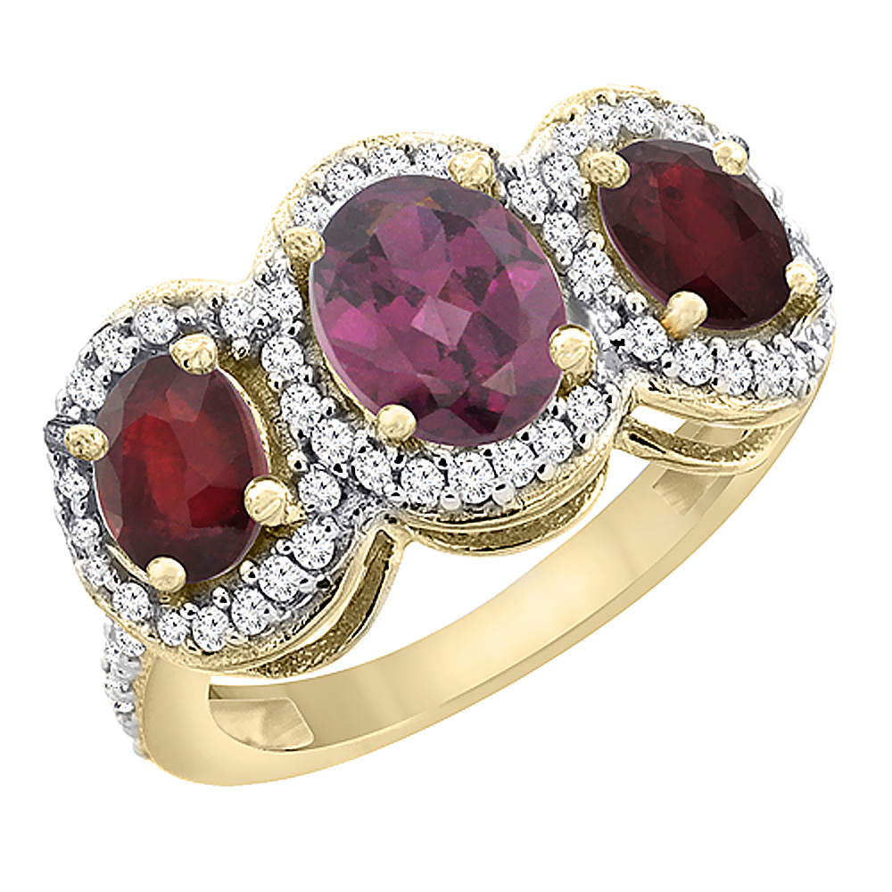 14K Yellow Gold Natural Rhodolite &amp; Enhanced Ruby 3-Stone Ring Oval Diamond Accent, sizes 5 - 10