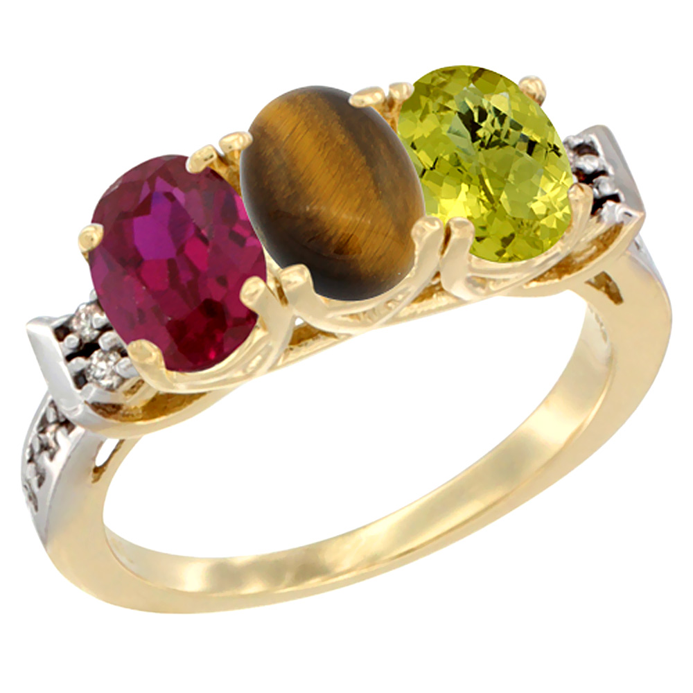 10K Yellow Gold Enhanced Ruby, Natural Tiger Eye &amp; Lemon Quartz Ring 3-Stone Oval 7x5 mm Diamond Accent, sizes 5 - 10