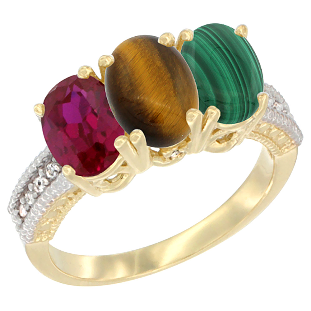 14K Yellow Gold Enhanced Ruby, Natural Tiger Eye & Malachite Ring 3-Stone 7x5 mm Oval Diamond Accent, sizes 5 - 10