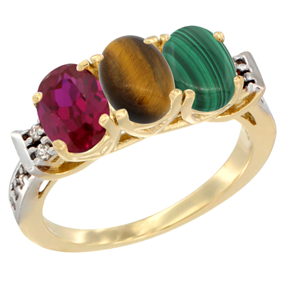 14K Yellow Gold Enhanced Ruby, Natural Tiger Eye & Malachite Ring 3-Stone Oval 7x5 mm Diamond Accent, sizes 5 - 10