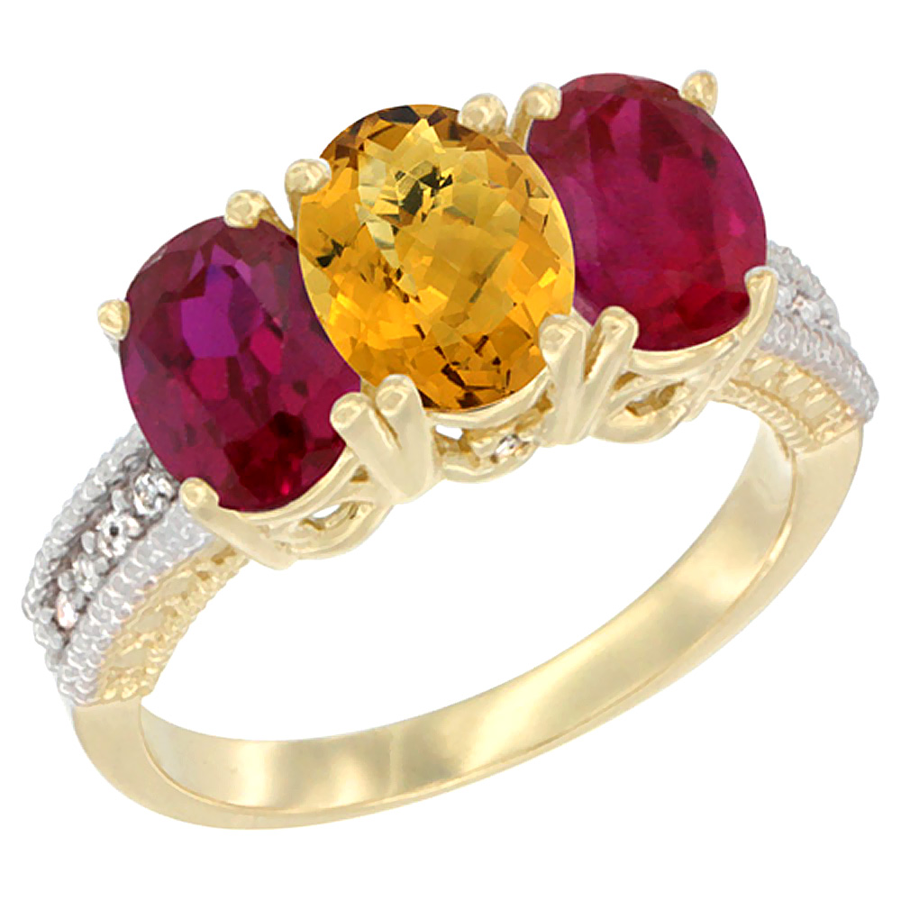 10K Yellow Gold Diamond Natural Whisky Quartz & Enhanced Ruby Ring 3-Stone 7x5 mm Oval, sizes 5 - 10