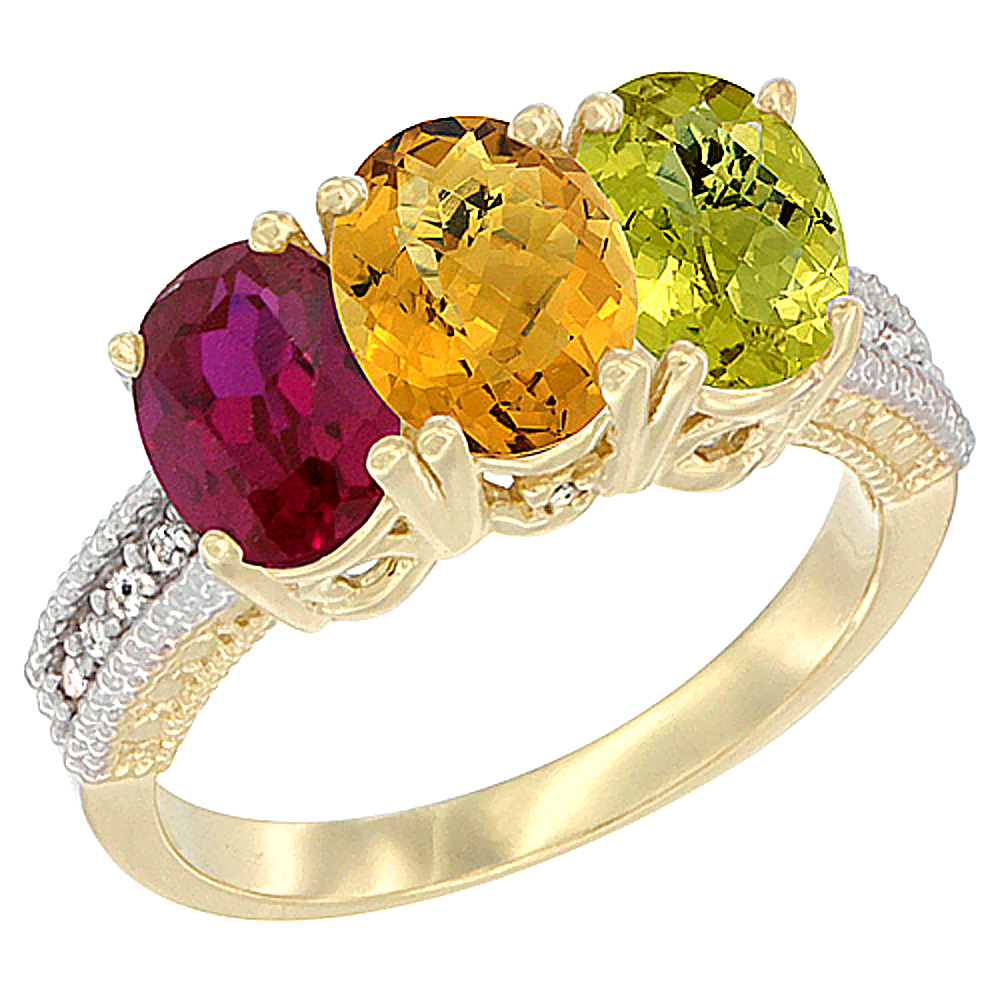 10K Yellow Gold Diamond Enhanced Ruby, Natural Whisky Quartz & Lemon Quartz Ring 3-Stone 7x5 mm Oval, sizes 5 - 10