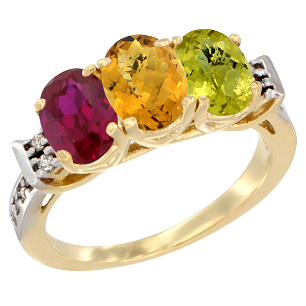 14K Yellow Gold Enhanced Ruby, Natural Whisky Quartz & Lemon Quartz Ring 3-Stone Oval 7x5 mm Diamond Accent, sizes 5 - 10