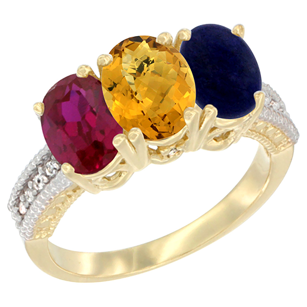 10K Yellow Gold Diamond Enhanced Ruby, Natural Whisky Quartz & Lapis Ring 3-Stone 7x5 mm Oval, sizes 5 - 10