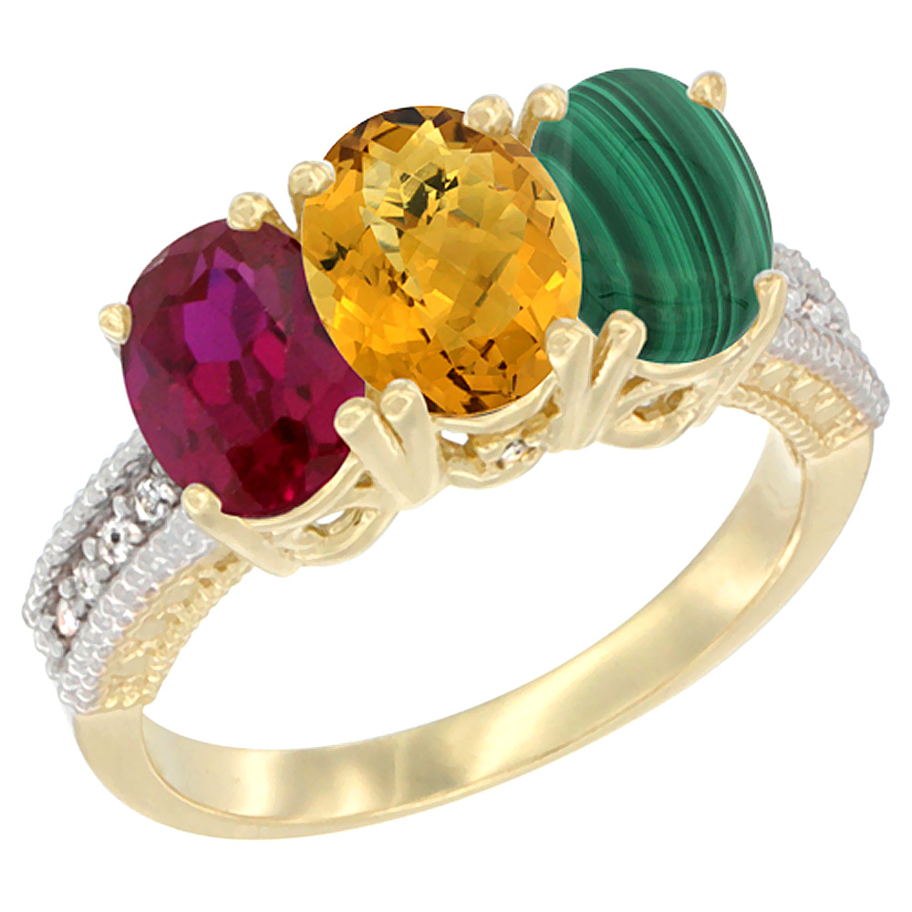 10K Yellow Gold Diamond Enhanced Ruby, Natural Whisky Quartz & Malachite Ring 3-Stone 7x5 mm Oval, sizes 5 - 10