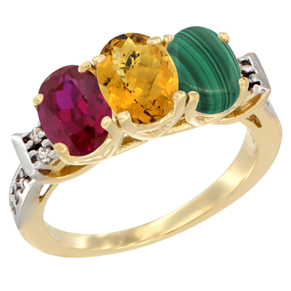 10K Yellow Gold Enhanced Ruby, Natural Whisky Quartz & Malachite Ring 3-Stone Oval 7x5 mm Diamond Accent, sizes 5 - 10