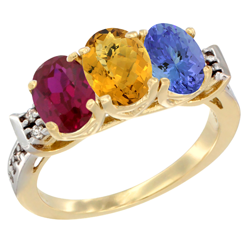 10K Yellow Gold Enhanced Ruby, Natural Whisky Quartz & Tanzanite Ring 3-Stone Oval 7x5 mm Diamond Accent, sizes 5 - 10