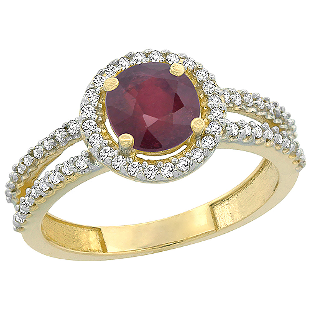 14K Yellow Gold Enhanced Ruby Diamond Halo Ring Round 6mm, sizes 5 - 10