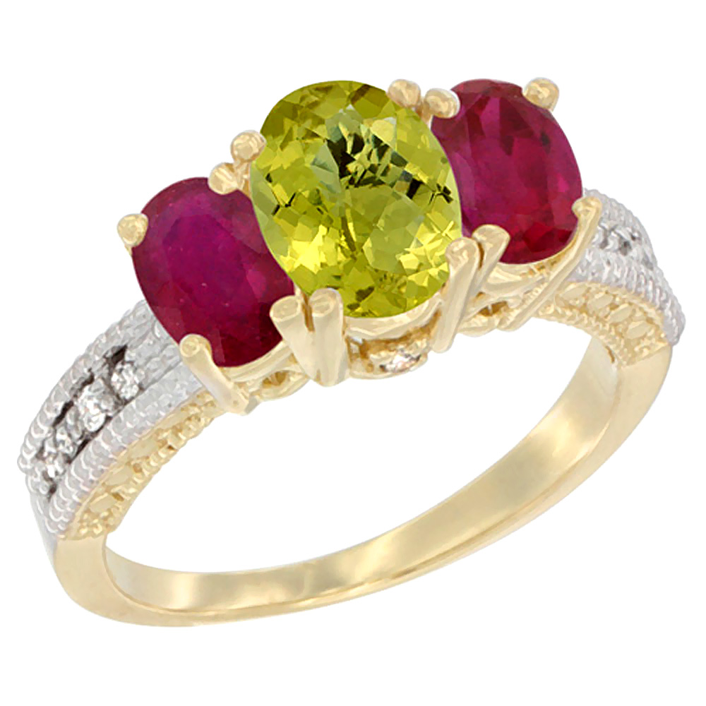 10K Yellow Gold Diamond Natural Lemon Quartz Ring Oval 3-stone with Enhanced Ruby, sizes 5 - 10