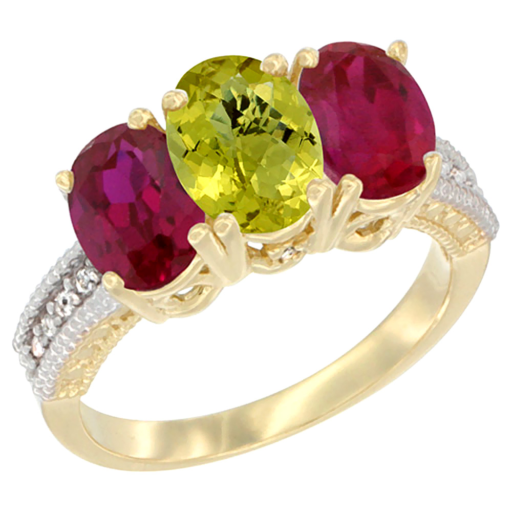 14K Yellow Gold Natural Lemon Quartz & Enhanced Ruby Sides Ring 3-Stone 7x5 mm Oval Diamond Accent, sizes 5 - 10