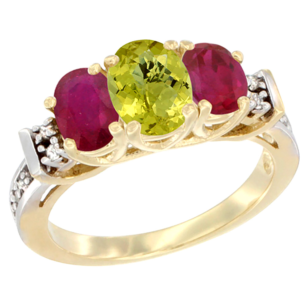 10K Yellow Gold Natural Lemon Quartz & Enhanced Ruby Ring 3-Stone Oval Diamond Accent