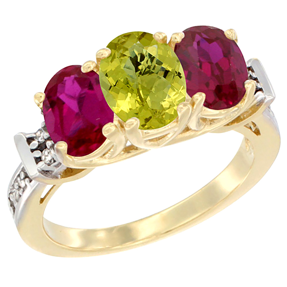 10K Yellow Gold Natural Lemon Quartz & Enhanced Ruby Sides Ring 3-Stone Oval Diamond Accent, sizes 5 - 10