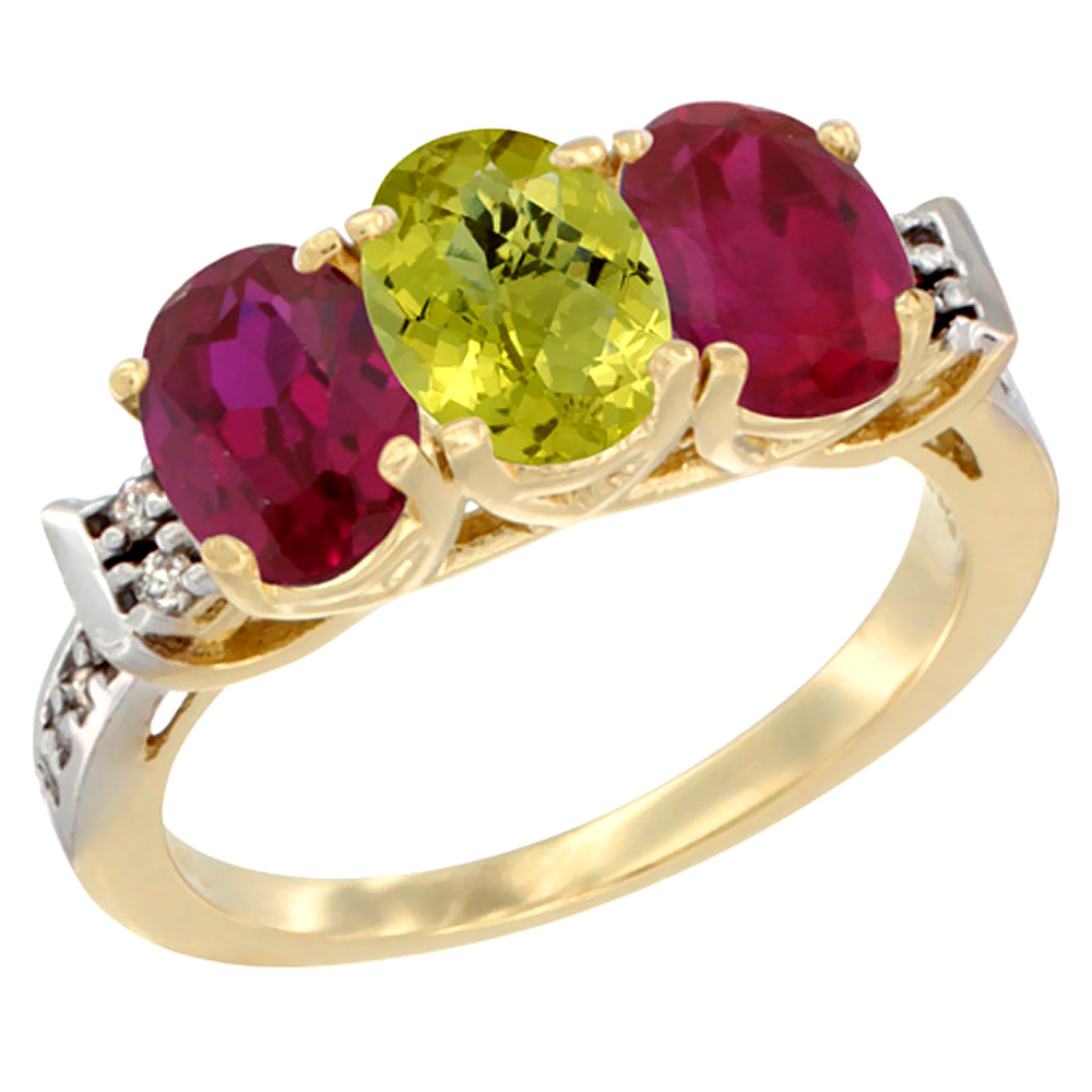 10K Yellow Gold Natural Lemon Quartz & Enhanced Ruby Sides Ring 3-Stone Oval 7x5 mm Diamond Accent, sizes 5 - 10