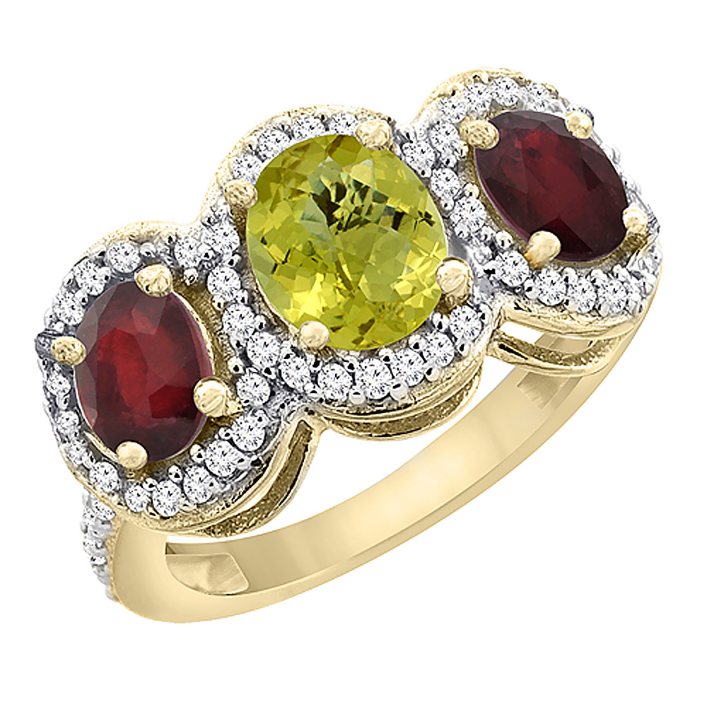 10K Yellow Gold Natural Lemon Quartz & Enhanced Ruby 3-Stone Ring Oval Diamond Accent, sizes 5 - 10