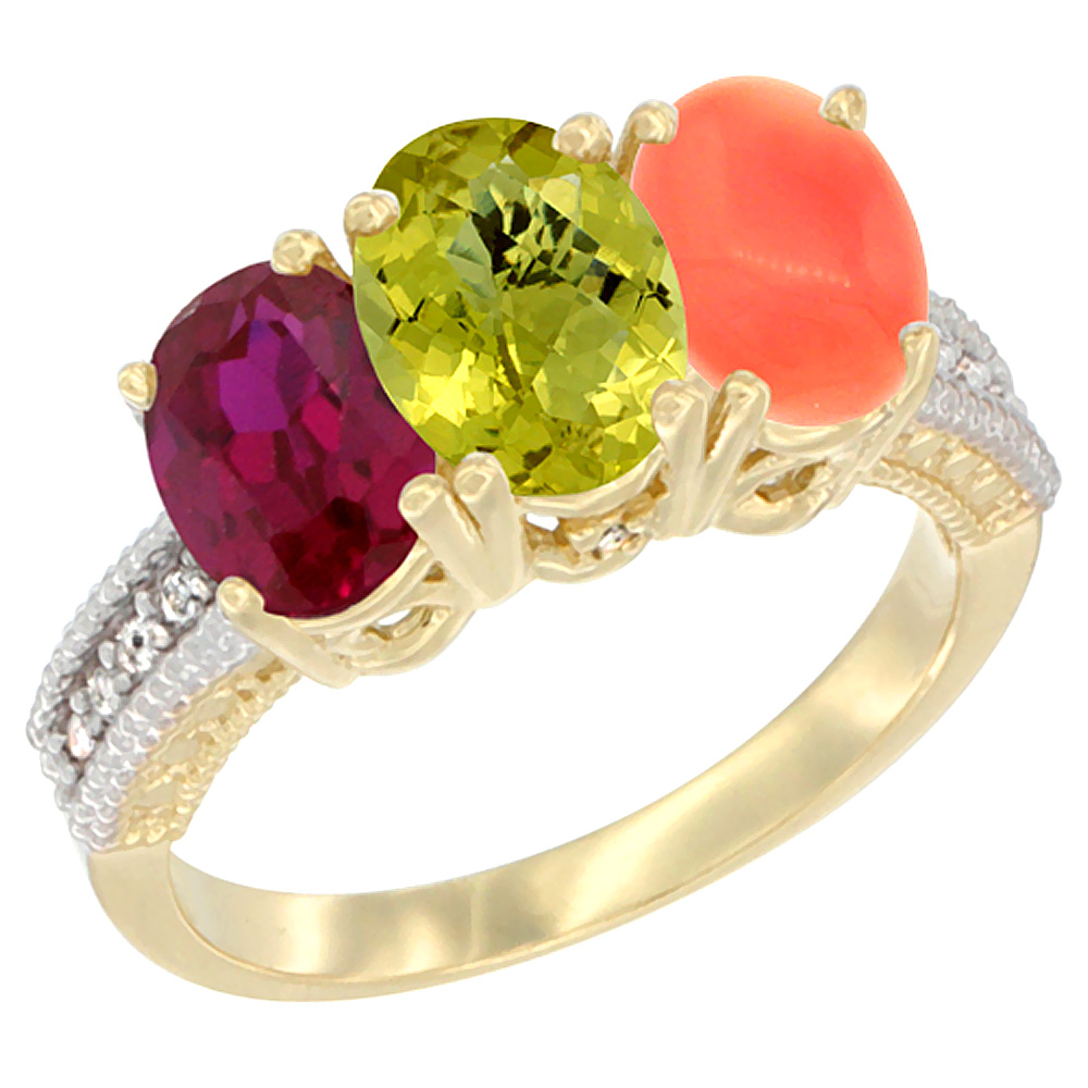 10K Yellow Gold Diamond Enhanced Ruby, Natural Lemon Quartz & Coral Ring 3-Stone 7x5 mm Oval, sizes 5 - 10
