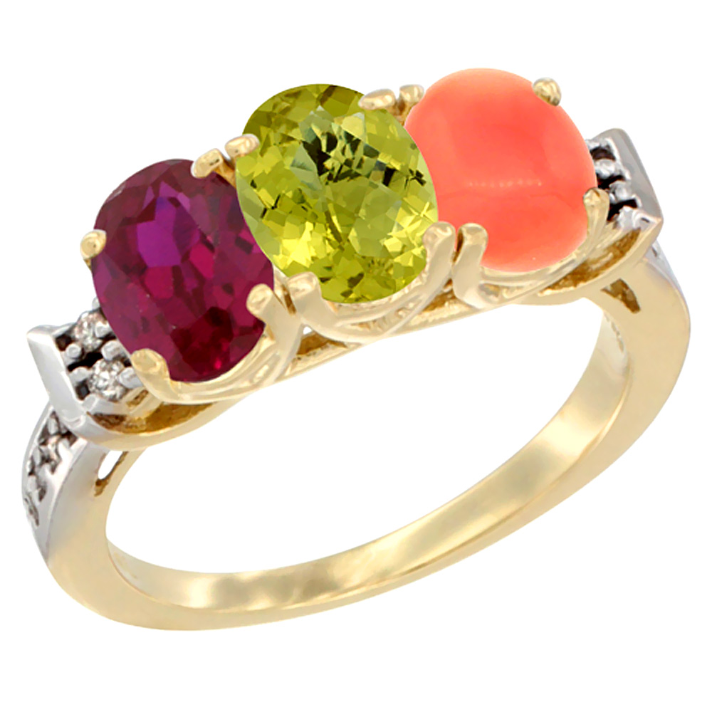 10K Yellow Gold Enhanced Ruby, Natural Lemon Quartz & Coral Ring 3-Stone Oval 7x5 mm Diamond Accent, sizes 5 - 10